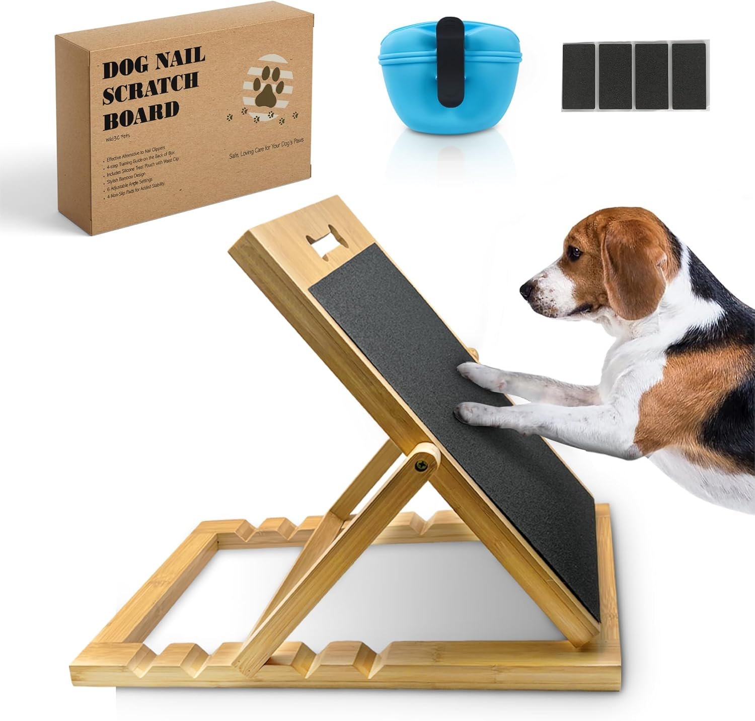 Bamboo dog nail scratch board with adjustable angles and clip-on treat pouch